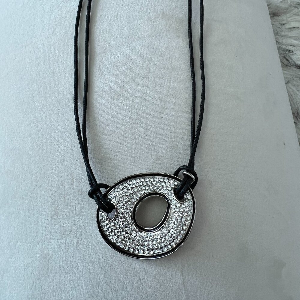 Modern Crystal Pavé Pendant Necklace – Adjustable Leather Cord